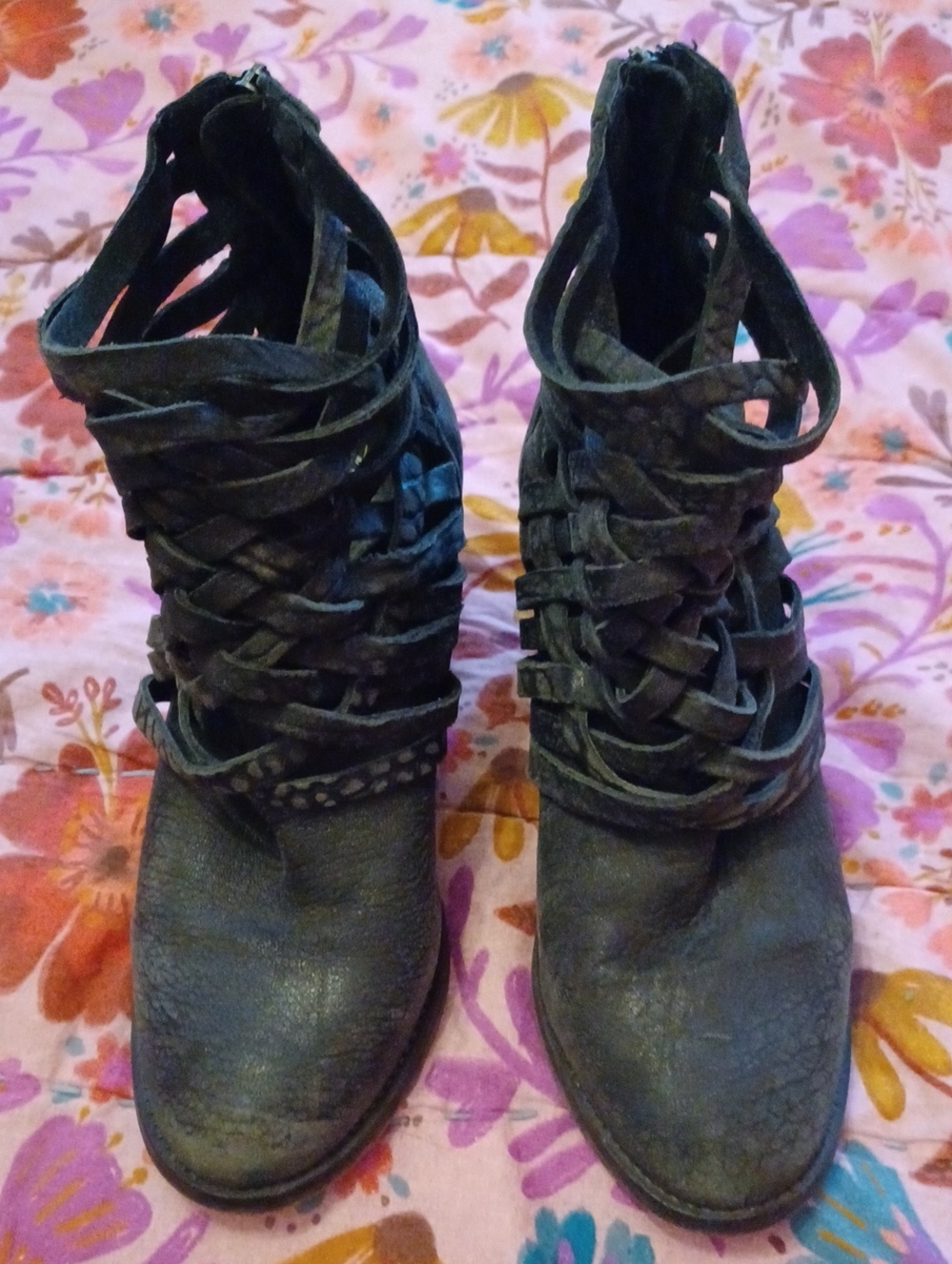 Free People Black Strappy Zip-Up Ankle Boots